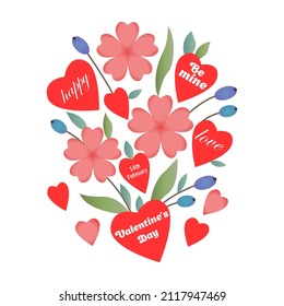 Composition with meadow flowers, hearts and inscriptions on them for Valentine's Day. Vector Illustration.