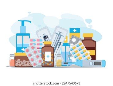 Composición de preparaciones médicas sobre fondo blanco. Comprimidos, medicamentos, cápsulas, ungüentos, jeringas, termómetros, ampollas, jarras médicas. Farmacéutica. Ilustración vectorial plana