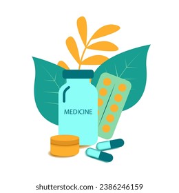 Composition of medicines in blue-yellow colors. Jars, bottles, 2 capsules, a plate of tablets. Against the background of natural plants, leaves