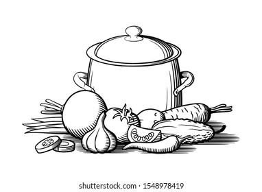 Composition of metallic pot and vegetables. Still life with pan, beetroot, garlic, tomato, potato, cucumber, carrot. Black and white vector illustration in retro style