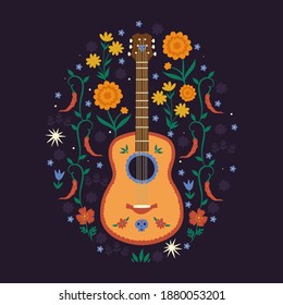 Composition with Mexican guitar and floral elements. The mood of the day of the dead. Vector graphics.