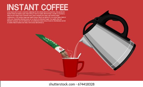 Composition of mixing instant coffee on pink background
