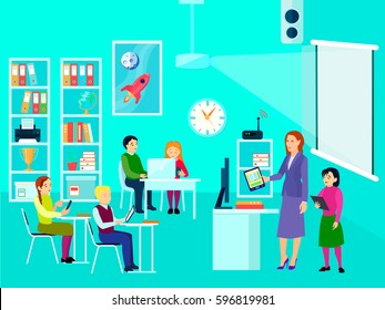 Composition of modern education teacher and kids characters in classroom interior with flat desk bookshelves images vector illustration