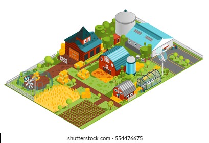 Composition of modern farm rural buildings orchard house plantations isometric images with built structures and plants vector illustration