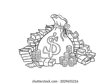 Composition of money lot containing bag of money with dollar sign, banknotes packs, coins. Black ink line drawing