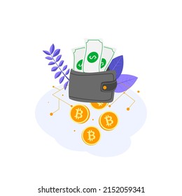 Composition with money and digital bitcoin wallet. Flat concept of cryptocurrency wallet, blockchain, crypto exchange. Vector illustration