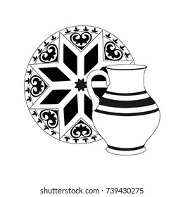 Composition of monochrome jug with tray. Crockery in black and white colors.  Rustic ceramic utensils, unicolorous vector illustration for your design. Square location.   
