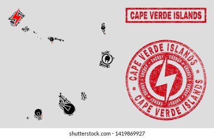 Composition of mosaic electric Cape Verde Islands map and grunge watermarks. Mosaic vector Cape Verde Islands map is composed with service and electric icons. Black and red colors used.