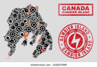 Composition of mosaic electric Gambier Island map and grunge stamp seals. Mosaic vector Gambier Island map is created with gear and electric icons. Black and red colors used.