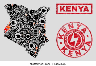 Composition of mosaic electric Kenya map and grunge seals. Mosaic vector Kenya map is designed with hardware and electric elements. Black and red colors used.