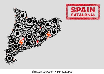 Composition of mosaic electrical Catalonia map and grunge seals. Mosaic vector Catalonia map is created with gear and power elements. Black and red colors used. Templates for power supply services.