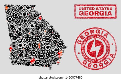 Composition of mosaic electrical Georgia State map and grunge watermarks. Collage vector Georgia State map is created with workshop and power symbols. Black and red colors used.