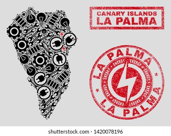 Composition of mosaic electrical La Palma Island map and grunge watermarks. Mosaic vector La Palma Island map is designed with repair and bulb symbols. Black and red colors used.