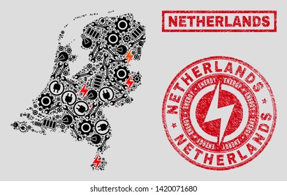 Composition of mosaic electrical Netherlands map and grunge stamps. Mosaic vector Netherlands map is created with gear and power icons. Black and red colors used. Templates for power supply services.