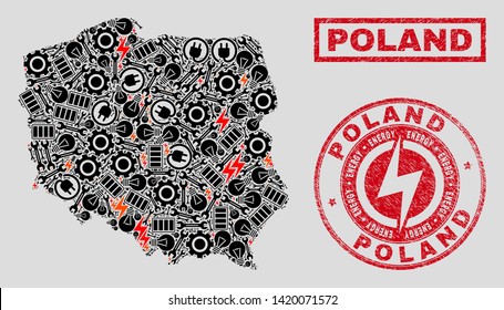 Composition of mosaic electrical Poland map and grunge seals. Mosaic vector Poland map is created with hardware and power elements. Black and red colors used. Abstraction for power supply business.