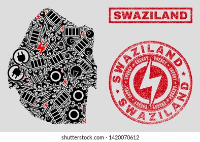 Composition of mosaic electrical Swaziland map and grunge stamp seals. Mosaic vector Swaziland map is composed with equipment and power symbols. Black and red colors used.