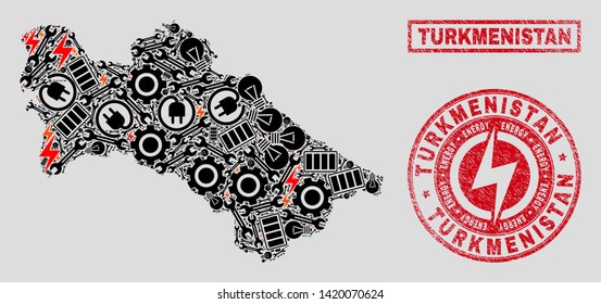 Composition of mosaic electrical Turkmenistan map and grunge watermarks. Mosaic vector Turkmenistan map is created with tools and power symbols. Black and red colors used.