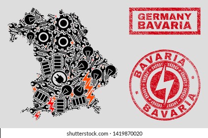 Composition of mosaic electricity Bavaria Land map and grunge seals. Mosaic vector Bavaria Land map is composed with equipment and power elements. Black and red colors used.