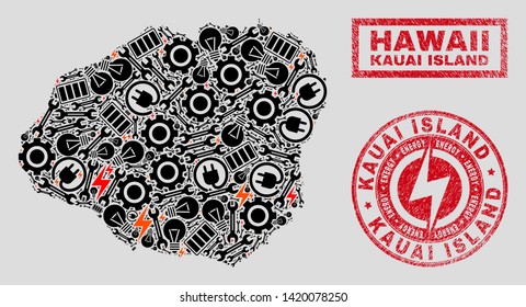 Composition of mosaic electricity Kauai Island map and grunge watermarks. Mosaic vector Kauai Island map is created with service and power elements. Black and red colors used.