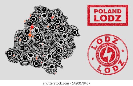 Composition of mosaic electricity Lodz Voivodeship map and grunge stamps. Mosaic vector Lodz Voivodeship map is created with workshop and power elements. Black and red colors used.