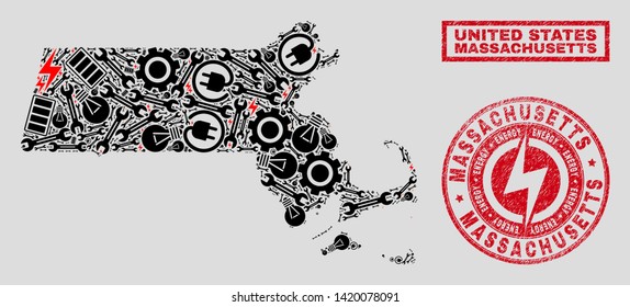 Composition of mosaic electricity Massachusetts State map and grunge stamps. Mosaic vector Massachusetts State map is created with repair and electricity elements. Black and red colors used.