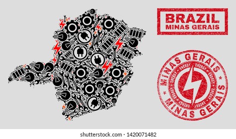 Composition of mosaic electricity Minas Gerais State map and grunge stamps. Collage vector Minas Gerais State map is created with repair and electricity elements. Black and red colors used.