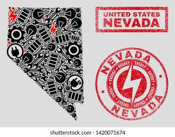 Composition of mosaic electricity Nevada State map and grunge watermarks. Mosaic vector Nevada State map is composed with gear and electricity elements. Black and red colors used.