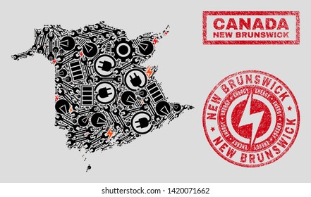 Composition of mosaic electricity New Brunswick Province map and grunge stamp seals. Mosaic vector New Brunswick Province map is created with hardware and power symbols. Black and red colors used.