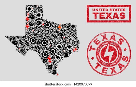 Composition of mosaic electricity Texas State map and grunge seals. Mosaic vector Texas State map is designed with gear and electricity elements. Black and red colors used.