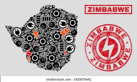 Composition of mosaic electricity Zimbabwe map and grunge stamp seals. Mosaic vector Zimbabwe map is created with tools and power elements. Black and red colors used.