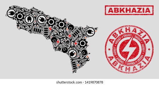 Composition of mosaic power supply Abkhazia map and grunge stamps. Mosaic vector Abkhazia map is created with equipment and electricity elements. Black and red colors used.