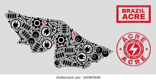 Composition of mosaic power supply Acre State map and grunge stamps. Mosaic vector Acre State map is composed with repair and innovation symbols. Black and red colors used.