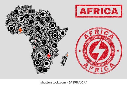 Composition Of Mosaic Power Supply Africa Map And Grunge Stamp Seals. Collage Vector Africa Map Is Designed With Workshop And Power Icons. Black And Red Colors Used.