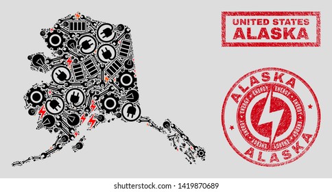 Composition of mosaic power supply Alaska map and grunge watermarks. Mosaic vector Alaska map is created with hardware and electric symbols. Black and red colors used.