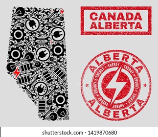 Composition of mosaic power supply Alberta Province map and grunge seals. Mosaic vector Alberta Province map is composed with gear and bulb symbols. Black and red colors used.