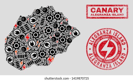 Composition of mosaic power supply Alegranza Island map and grunge stamp seals. Mosaic vector Alegranza Island map is composed with hardware and bulb icons. Black and red colors used.