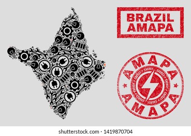 Composition of mosaic power supply Amapa state map and grunge watermarks. Mosaic vector Amapa state map is designed with gear and electric elements. Black and red colors used.