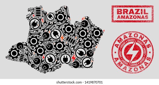 Composition of mosaic power supply Amazonas State map and grunge watermarks. Collage vector Amazonas State map is composed with equipment and electric elements. Black and red colors used.