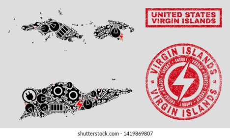 Composition of mosaic power supply American Virgin Islands map and grunge stamp seals. Mosaic vector American Virgin Islands map is designed with hardware and power icons. Black and red colors used.