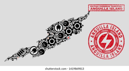 Composition of mosaic power supply Anguilla Island map and grunge seals. Mosaic vector Anguilla Island map is composed with service and energy icons. Black and red colors used.