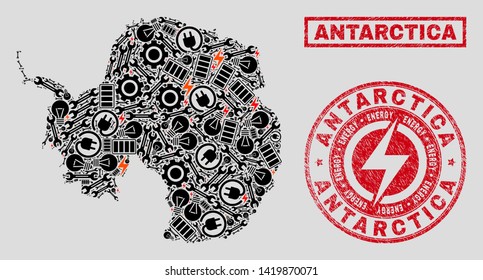 Composition of mosaic power supply Antarctica continent map and grunge seals. Collage vector Antarctica continent map is composed with tools and power elements. Black and red colors used.