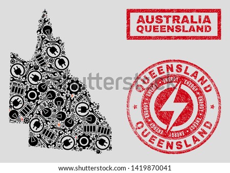 Composition of mosaic power supply Australian Queensland map and grunge watermarks. Collage vector Australian Queensland map is created with service and power icons. Black and red colors used.