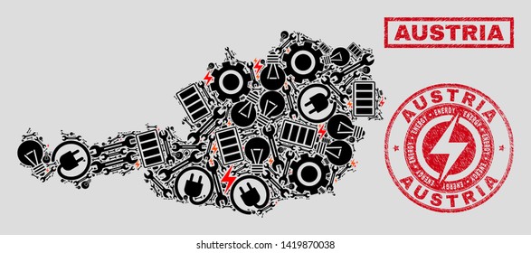 Composition of mosaic power supply Austria map and grunge stamp seals. Mosaic vector Austria map is composed with service and power icons. Black and red colors used. Concept for power supply business.