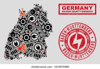 Composition of mosaic power supply Baden-Wurttemberg Land map and grunge watermarks. Mosaic vector Baden-Wurttemberg Land map is composed with equipment and innovation symbols.