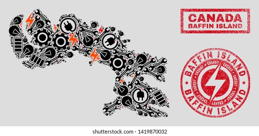Composition of mosaic power supply Baffin Island map and grunge stamp seals. Mosaic vector Baffin Island map is designed with repair and innovation icons. Black and red colors used.