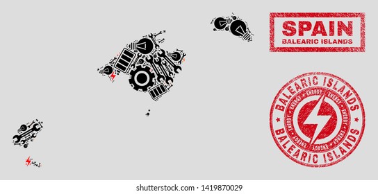 Composition of mosaic power supply Balearic Islands map and grunge stamp seals. Mosaic vector Balearic Islands map is created with service and electricity symbols. Black and red colors used.