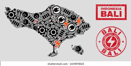Composition of mosaic power supply Bali map and grunge seals. Collage vector Bali map is composed with workshop and electric elements. Black and red colors used.