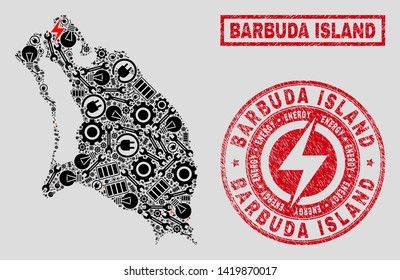 Composition of mosaic power supply Barbuda Island map and grunge seals. Mosaic vector Barbuda Island map is composed with service and innovation elements. Black and red colors used.