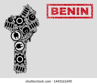 Composition of mosaic power supply Benin map and grunge stamp seals. Collage vector Benin map is created with gear and power elements. Black and red colors used. Templates for power supply business.