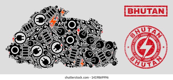 Composition of mosaic power supply Bhutan map and grunge seals. Mosaic vector Bhutan map is composed with service and lamp icons. Black and red colors used. Concept for power supply services.